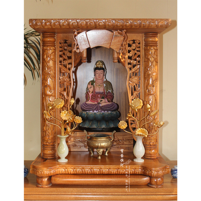 荷花柱台龛 实木佛龛 吊柜 财神龛 佛龛设计 家庭佛龛大小可定制