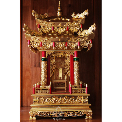 佛龛家用实木双层屋顶神楼供桌台小龙柱神龛神台供柜佛台金色佛柜